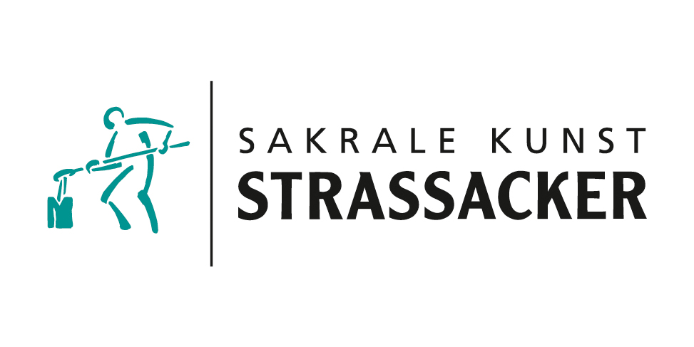 Logo „Sakrale Kunst Strassacker“ mit stilisierter Figur beim Bearbeiten eines Steins.