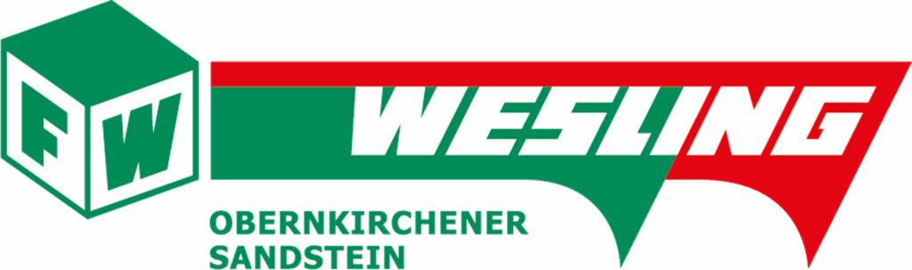 Logo der Firma Wesling mit grün-roter Gestaltung und Schriftzug „Obernkirchener Sandstein“.
